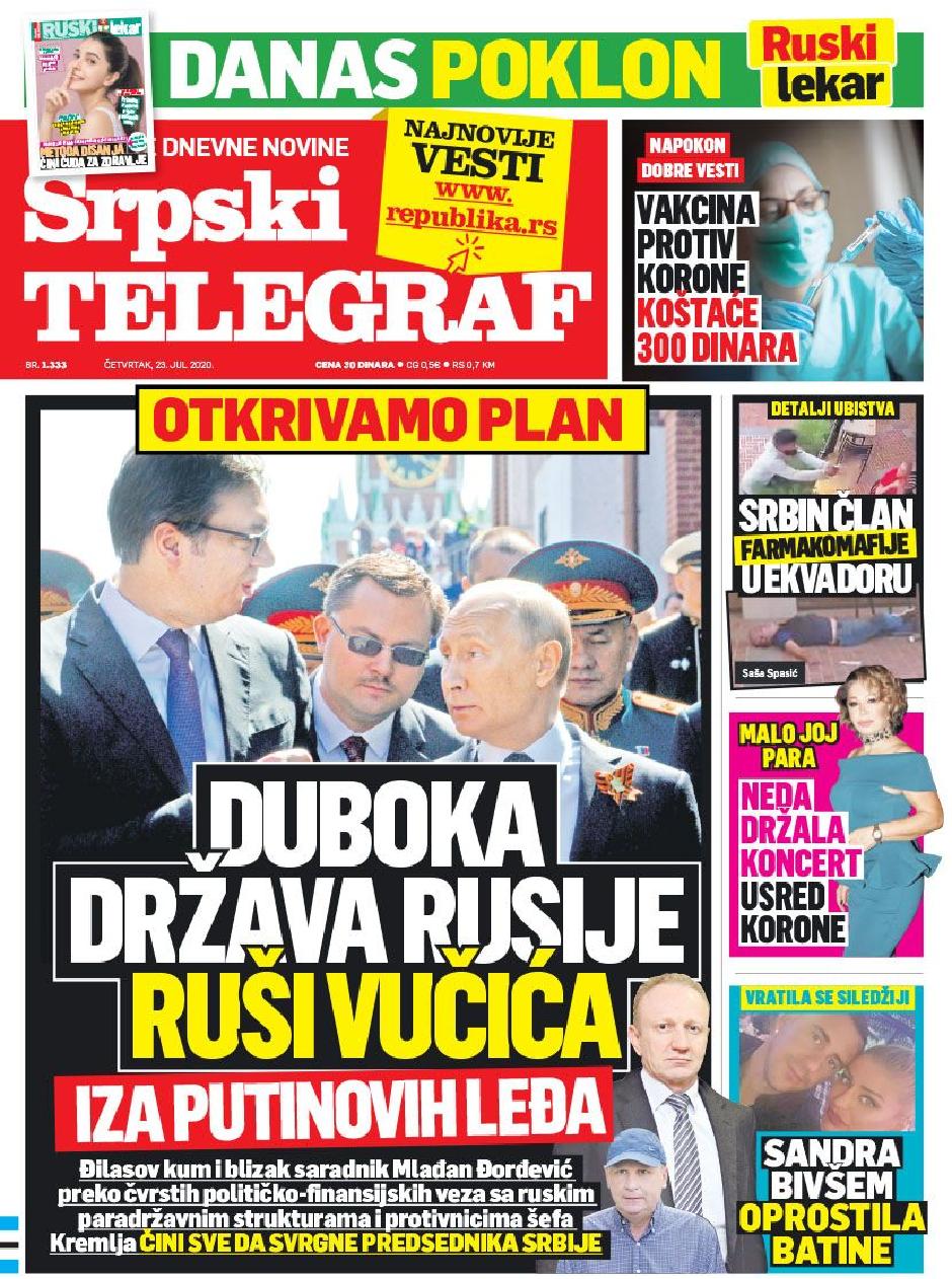 Današnja naslovnica Srpskog telegrafa
