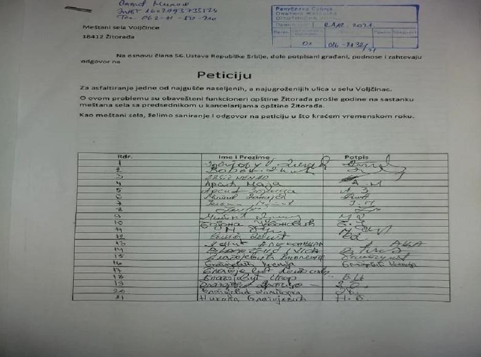 Peticija meštana sela Voljčinac, FOTO: Južne vesti