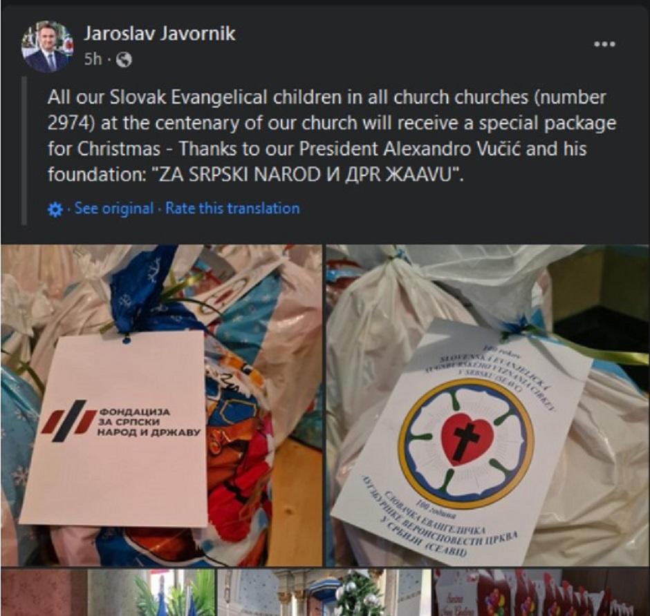 Paketići koje je delila SNS slovačkoj deci u Vojvodini FOTO: Printscreen