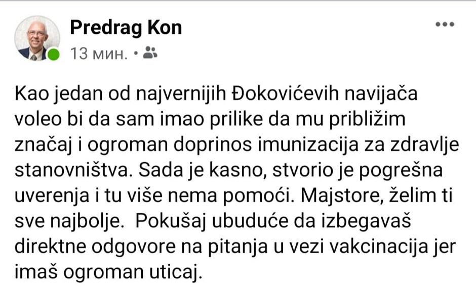 Predrag Kon o Đokoviću, 2020. FOTO: Printscreen