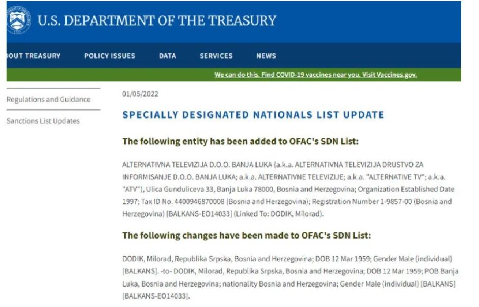Lista sankcionisanih na sajtu Ministarstva finansija SAD FOTO: Printscreen