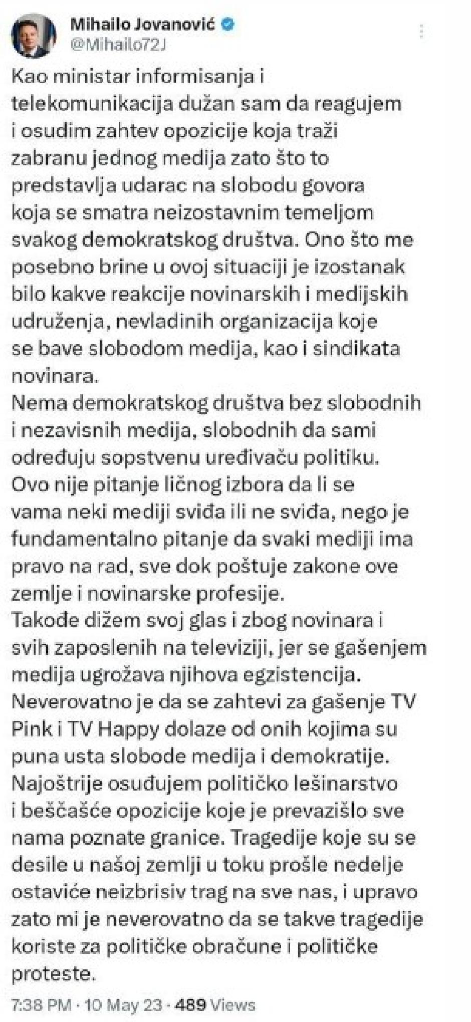 Objava ministra Mihaila Jovanovića FOTO: Printscreen