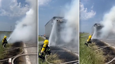 Zapalio se kamion: Izgorela i kabina, vatrogasci u borbi sa stihijom (VIDEO)