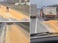 Jeziv snimak na putu kod NS: Iz kamiona ispala velika količina tereta (VIDEO)