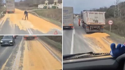 Jeziv snimak na putu kod NS: Iz kamiona ispala velika količina tereta (VIDEO)