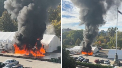 Prvi snimci velikog požara u Ćacilendu: Gori šator ispred Skupštine, čula se i pucnjava (VIDEO)