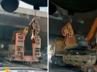 DALJE NEĆE MOĆI Kamion koji prevozi radnu mašinu se ZAGLAVIO ispod nadvožnjaka (VIDEO)